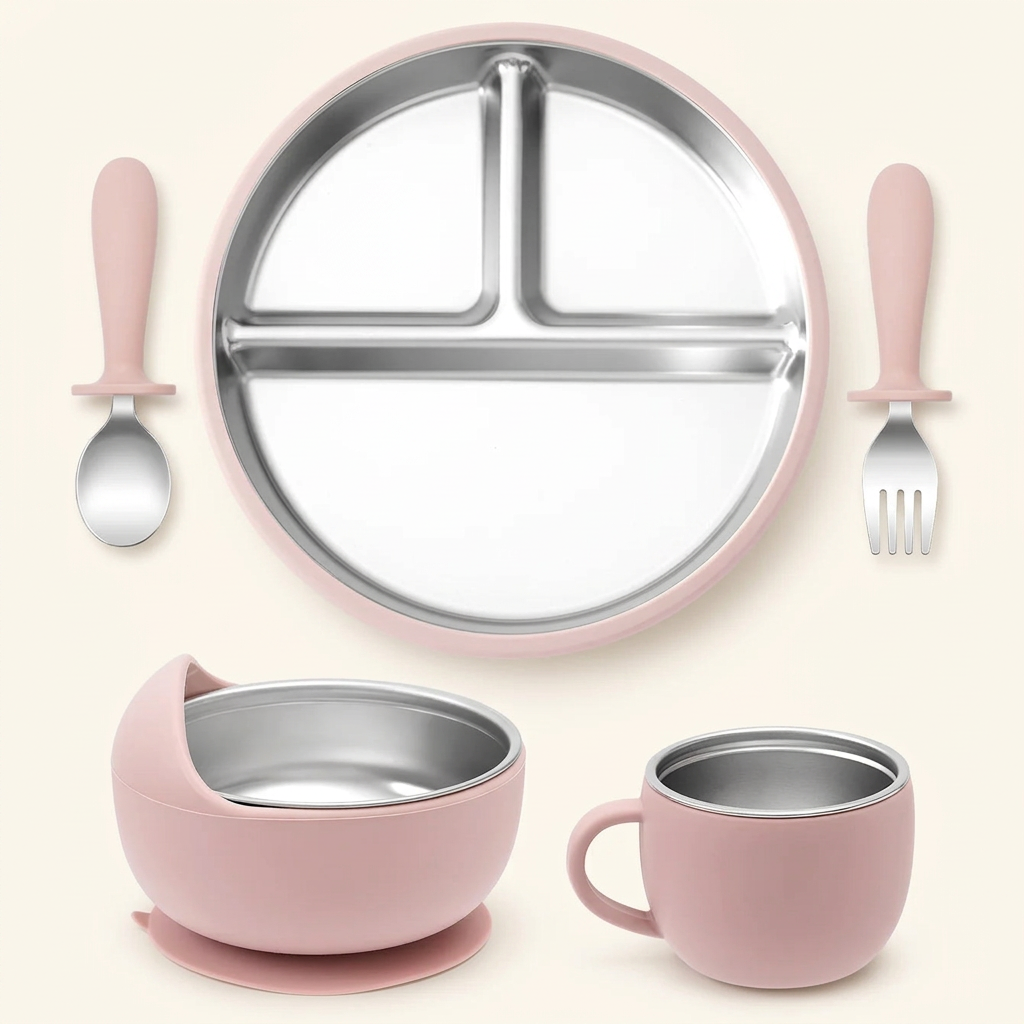Dusty Lilac stainless steel and silicone baby feeding set on ivory