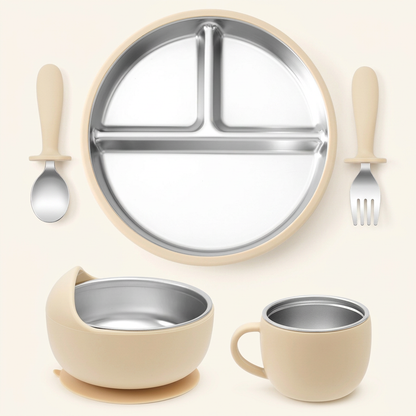 Beach Sand stainless steel and silicone baby feeding set on ivory