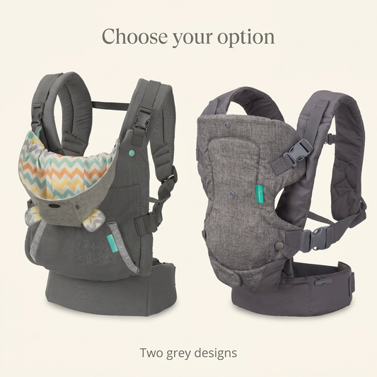 Two grey baby carrier design alternatives, one with chevron lining and one with plain raised front panel, on warm ivory