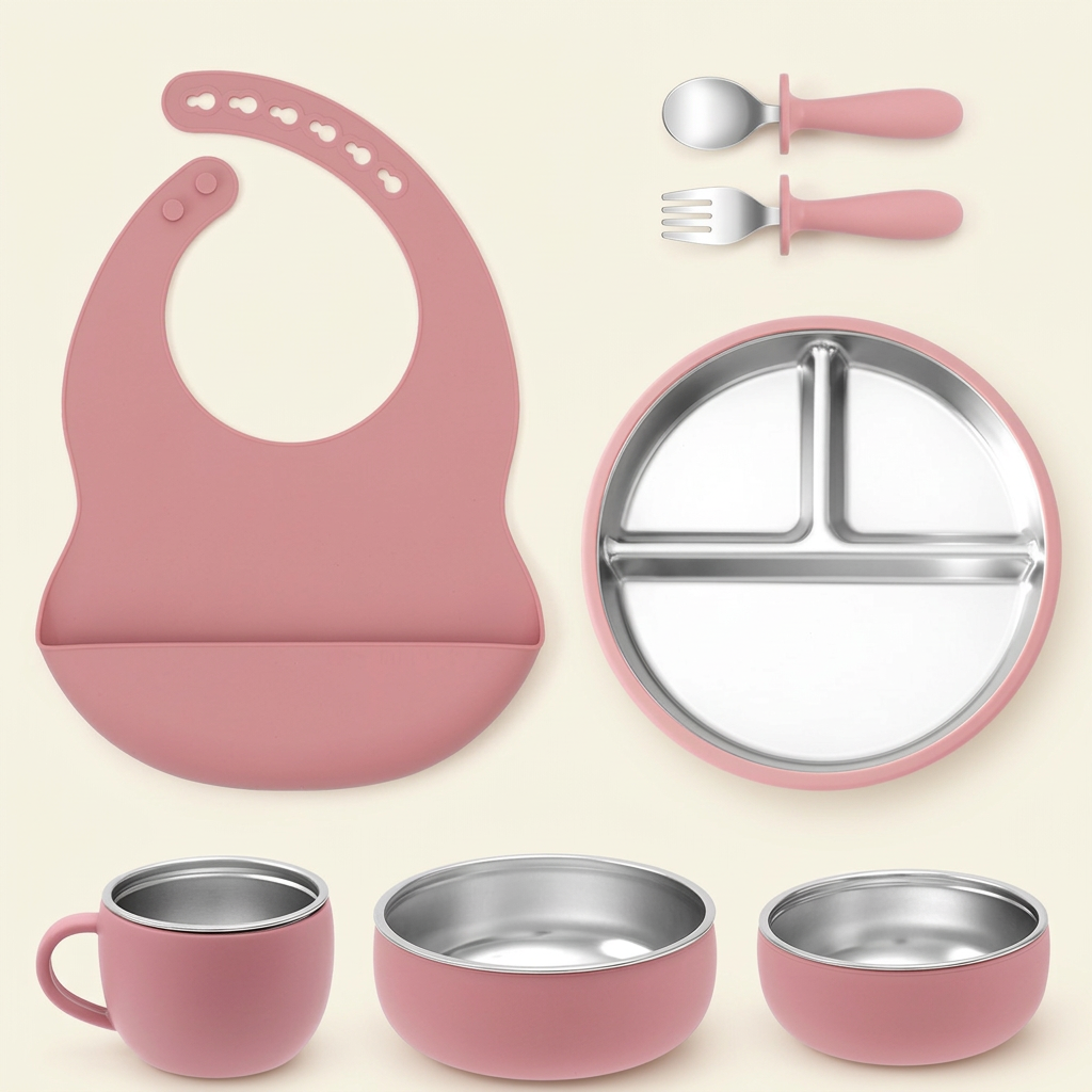 Powder Rose seven-piece stainless steel and silicone mealtime set on an ivory background