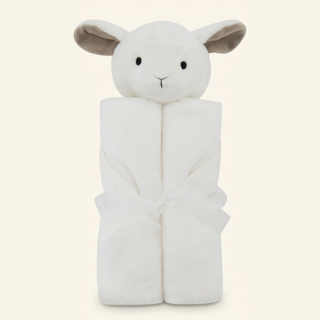 White lamb baby blanket with white ribbon on an ivory background