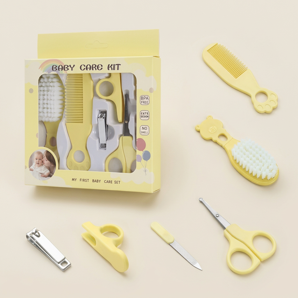 Yellow baby grooming kit on a warm ivory background