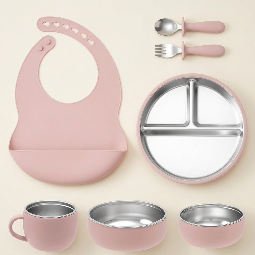 Dusty Lilac seven-piece stainless steel and silicone mealtime set on an ivory background