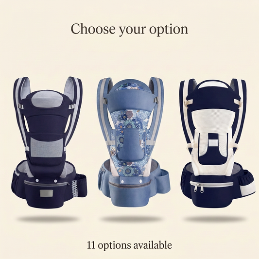 Three representative baby carrier options: navy with grey mesh, blue floral, and breathable navy with white mesh