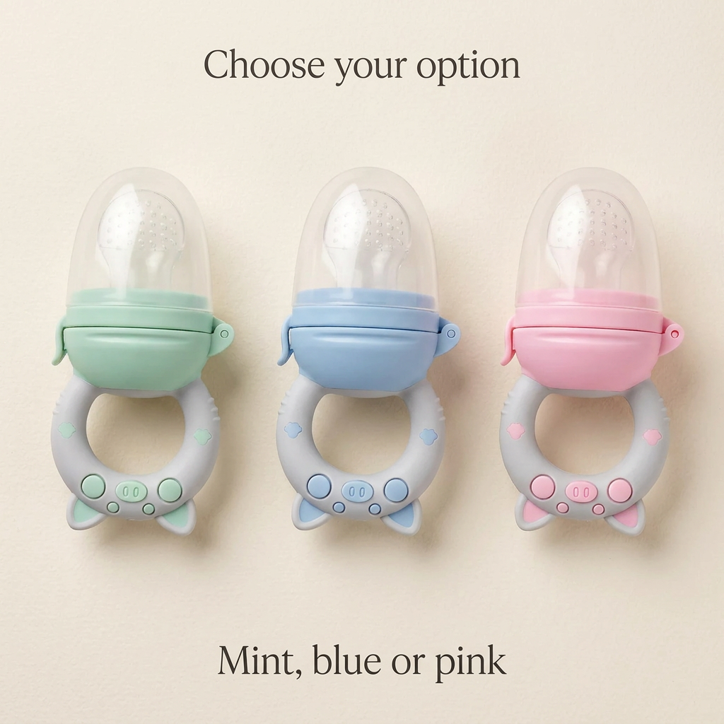 Mint, blue and pink baby fruit feeder colour alternatives with clear caps and animal-face ring handles