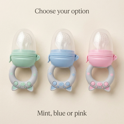 Mint, blue and pink baby fruit feeder colour alternatives with clear caps and animal-face ring handles