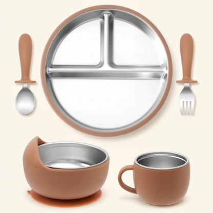 Clay stainless steel and silicone baby feeding set on ivory