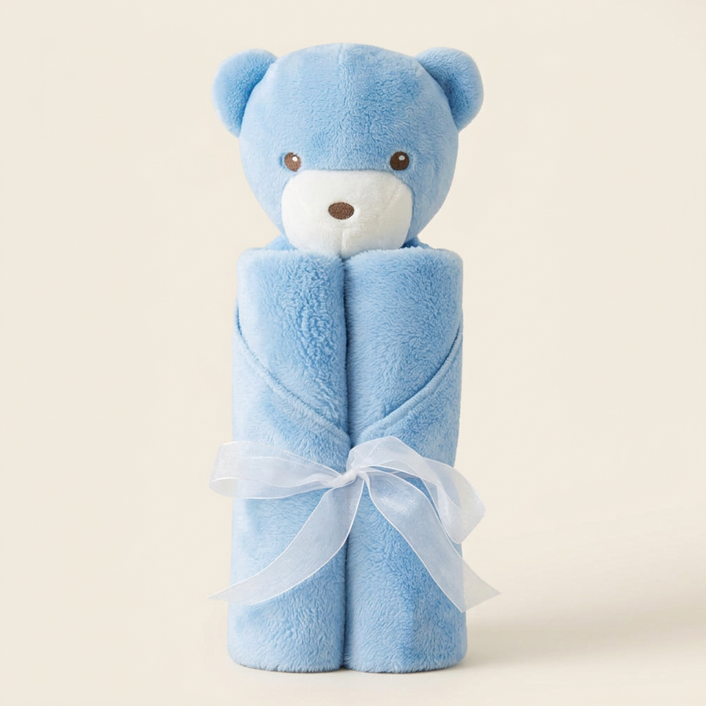 Blue bear baby blanket with white ribbon on an ivory background