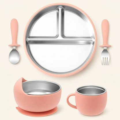 Muted stainless steel and silicone baby feeding set on ivory