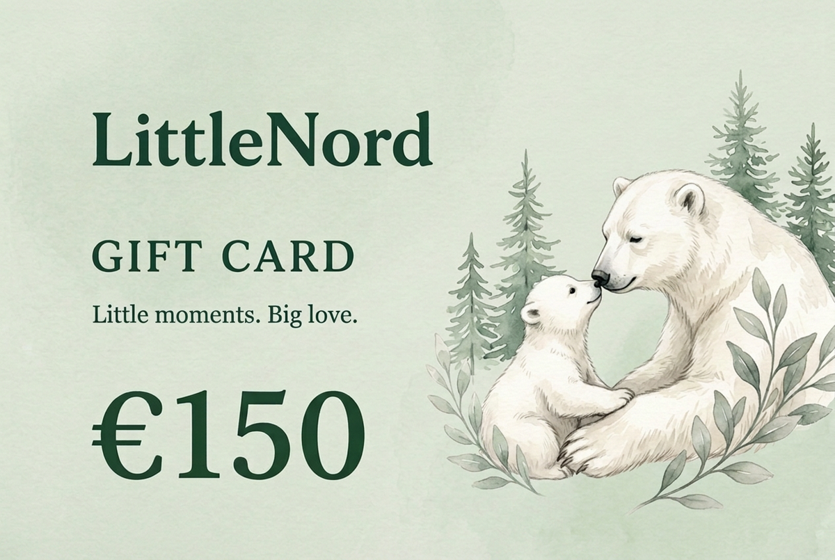 LittleNord €150 gift card with polar bear parent and cub on sage green