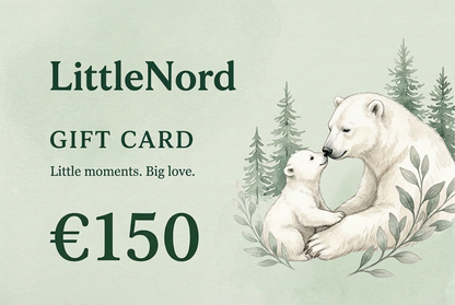 LittleNord €150 gift card with polar bear parent and cub on sage green