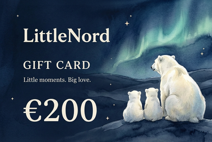 LittleNord €200 gift card with polar bear family under northern lights