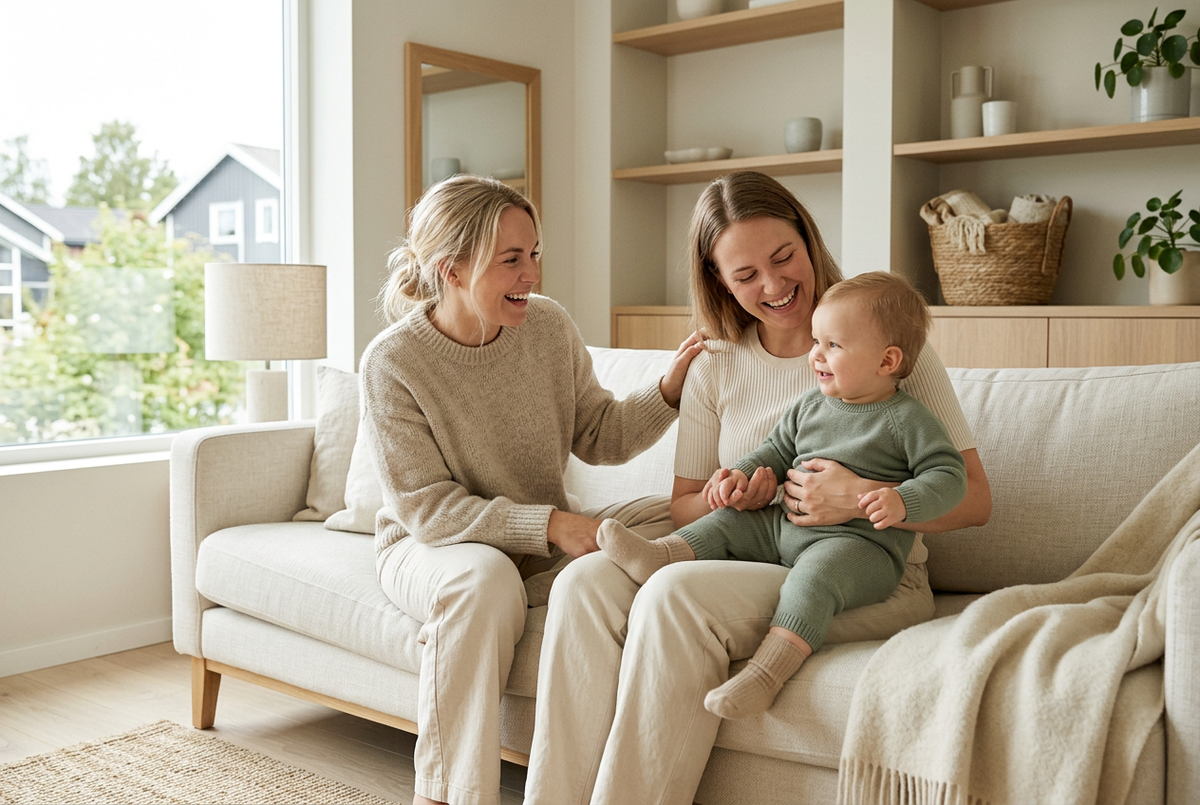 LittleNord lifestyle image with parent friends in a soft Nordic living room