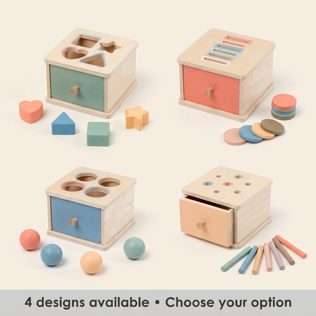 Montessori Wooden Shape Sorter showing all four designs