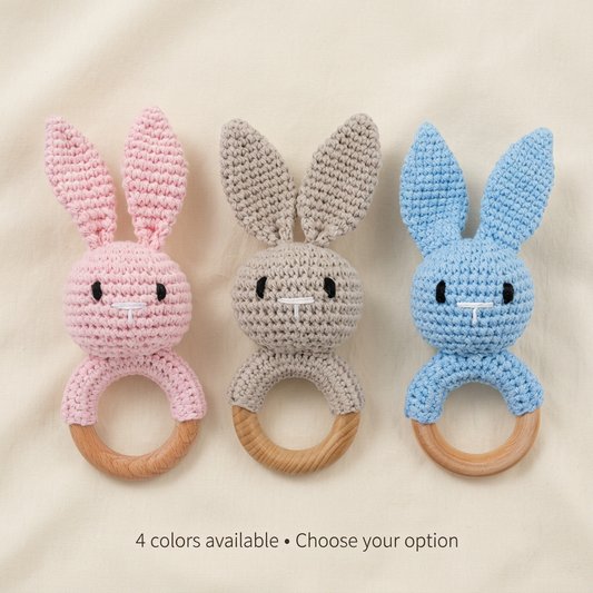 Pink, grey and blue crochet bunny options